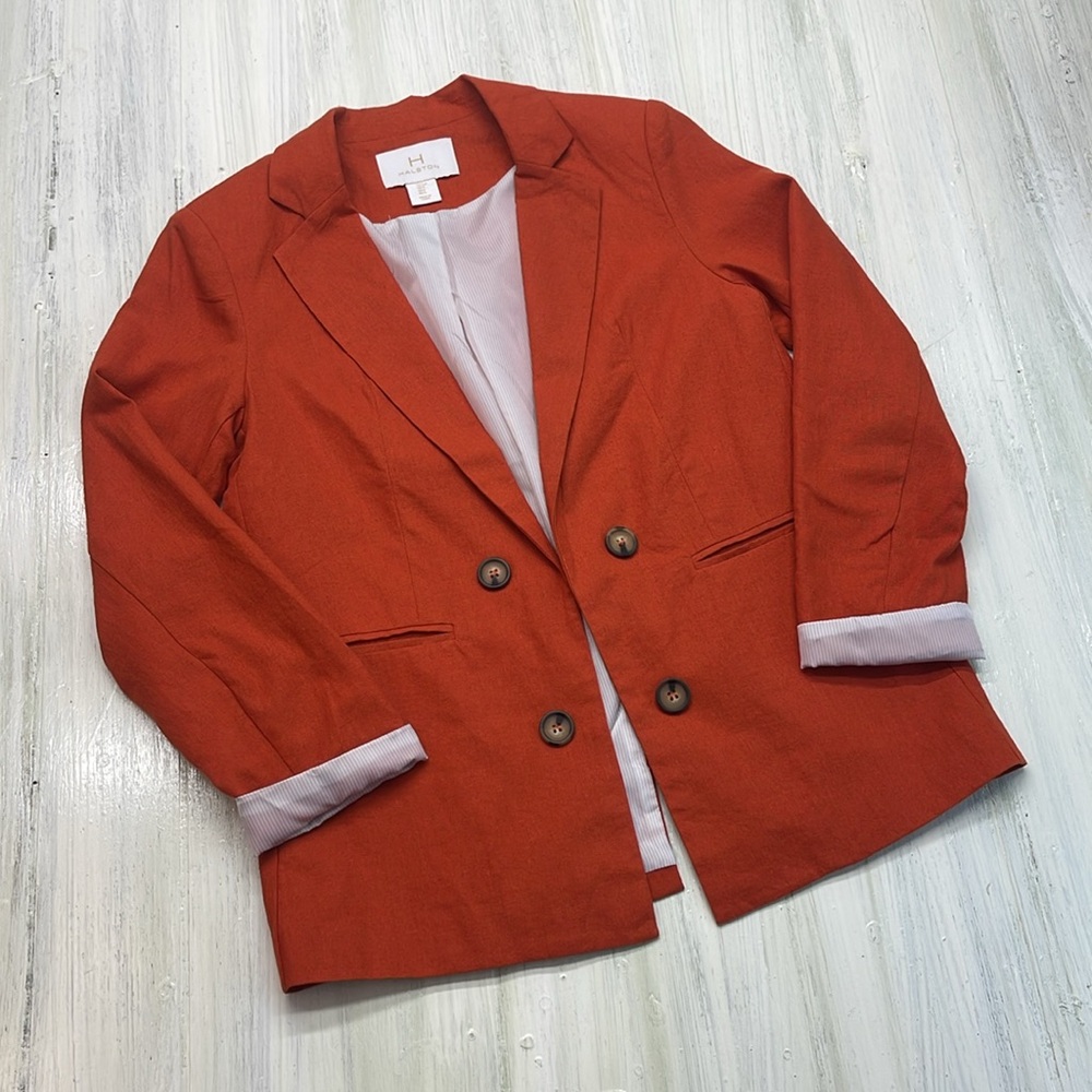 H by Halston Linen Blend Coral Orange Double-Breasted Blazer Sz S